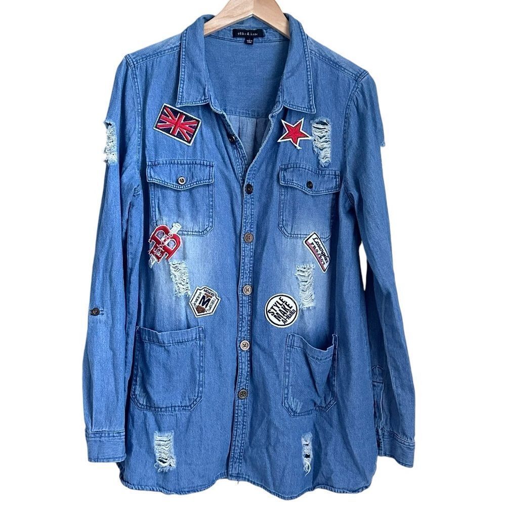 Women L Shirt Patched Denim Jacket Streetwear Long Line Chambray Button Up
